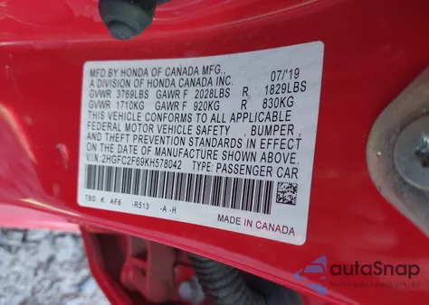 2019 Honda Civic Lx from USA, damaged, VIN 2HGFC2F69KH578042